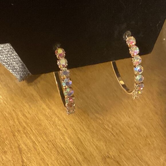 Gorgeous AB Crystal Hoops Gold Tone Pierced Earrings - Picture 1 of 8